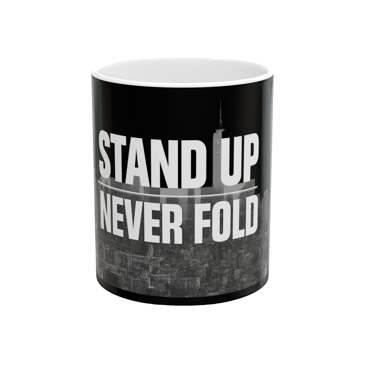 Stand Up, Never Fold Black Ceramic Mug – Motivational Coffee Cup