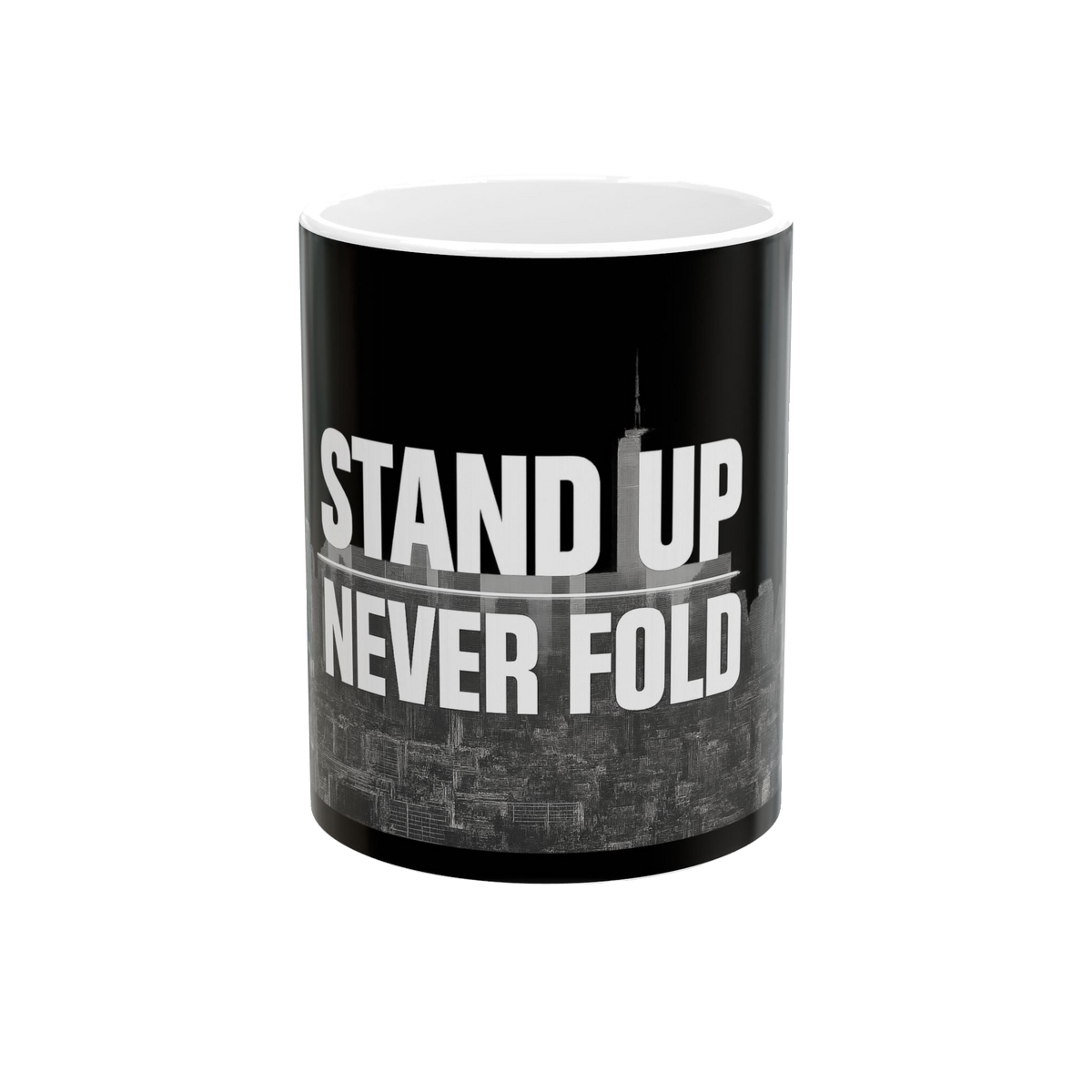 Stand Up, Never Fold Black Ceramic Mug – Motivational Coffee Cup