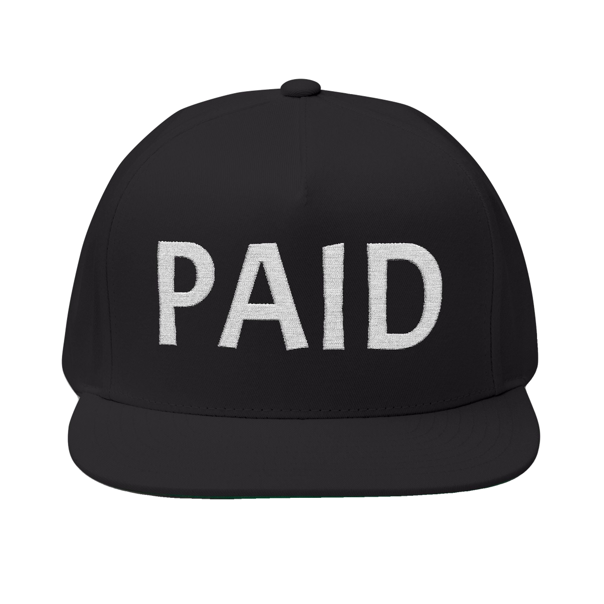 PAID Embroidered Flat Bill Cap — Snapback Hat with Bold Front Text