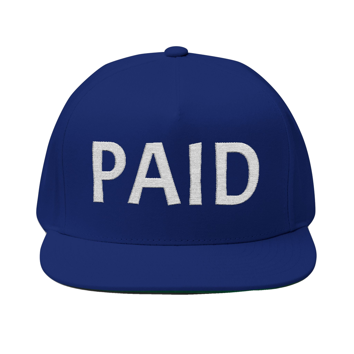 PAID Embroidered Flat Bill Cap — Snapback Hat with Bold Front Text