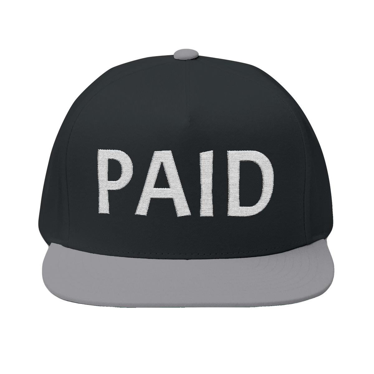 PAID Embroidered Flat Bill Cap — Snapback Hat with Bold Front Text