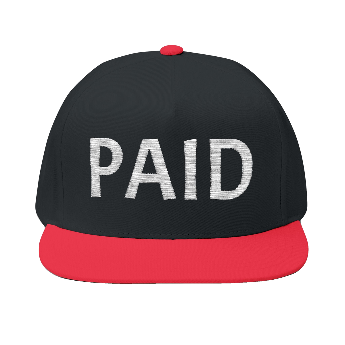 PAID Embroidered Flat Bill Cap — Snapback Hat with Bold Front Text