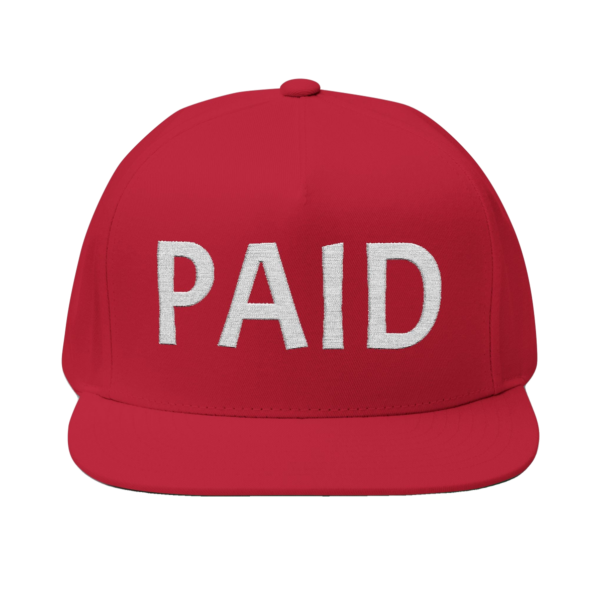 PAID Embroidered Flat Bill Cap — Snapback Hat with Bold Front Text