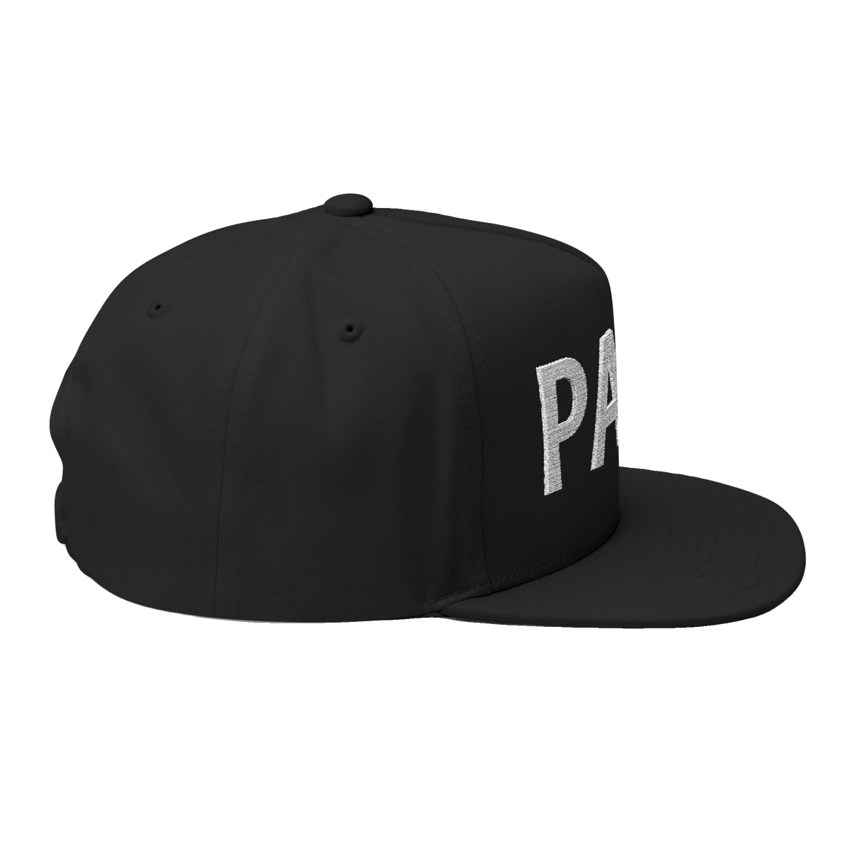 PAID Embroidered Flat Bill Cap — Snapback Hat with Bold Front Text