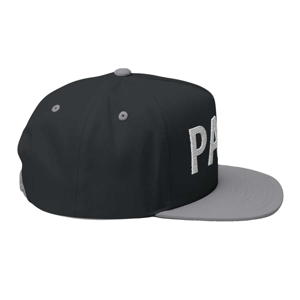 PAID Embroidered Flat Bill Cap — Snapback Hat with Bold Front Text