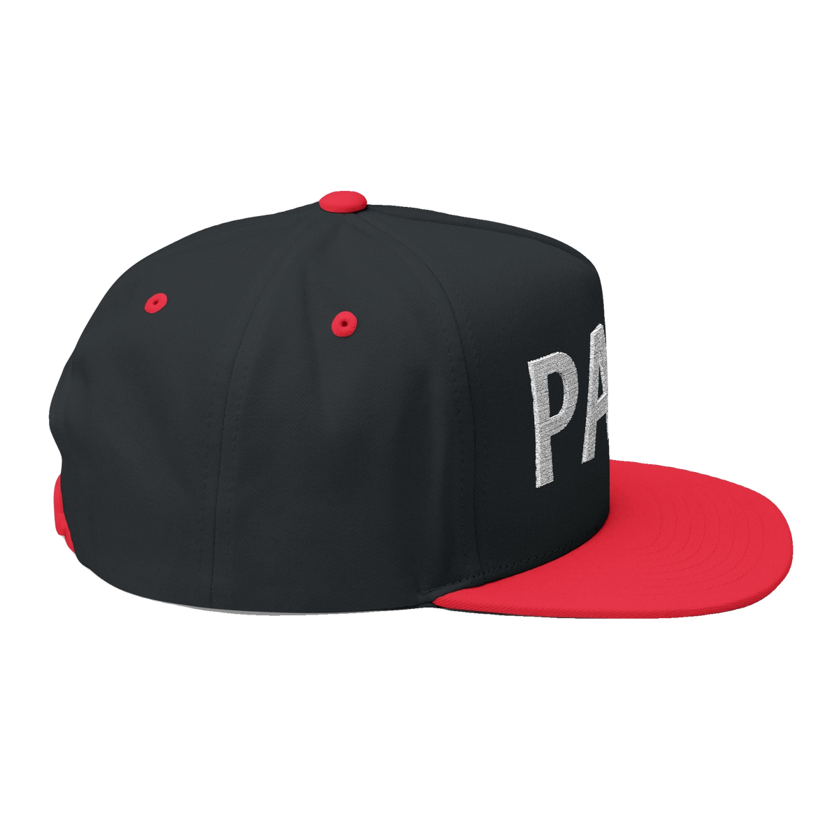 PAID Embroidered Flat Bill Cap — Snapback Hat with Bold Front Text